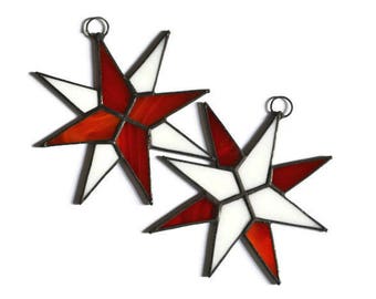 Stained Glass Star Ornaments Set of 2 Red White - Christmas Suncatchers