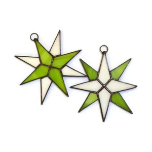 Green Stained Glass Star Ornaments Pair - Christmas Celestial Suncatcher Window Hanging, Tree & Wall Decor image 1