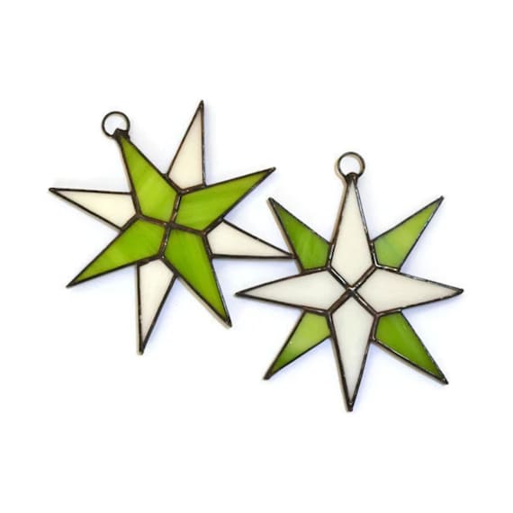 Green Stained Glass Star Ornaments Pair - Christmas Celestial Suncatcher Window Hanging, Tree & Wall Decor