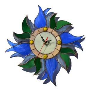 Blue Tulip Wall Clock with Flowers and Leaves 12 Inch - Floral Stained Glass Decor