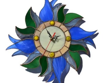Blue Tulip Wall Clock with Flowers and Leaves 12 Inch - Floral Stained Glass Decor
