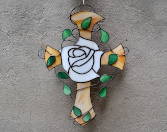 White Rose Cross Stained Glass Panel Window Hanging. Rosicrucian Cross Suncatcher Wall Decor
