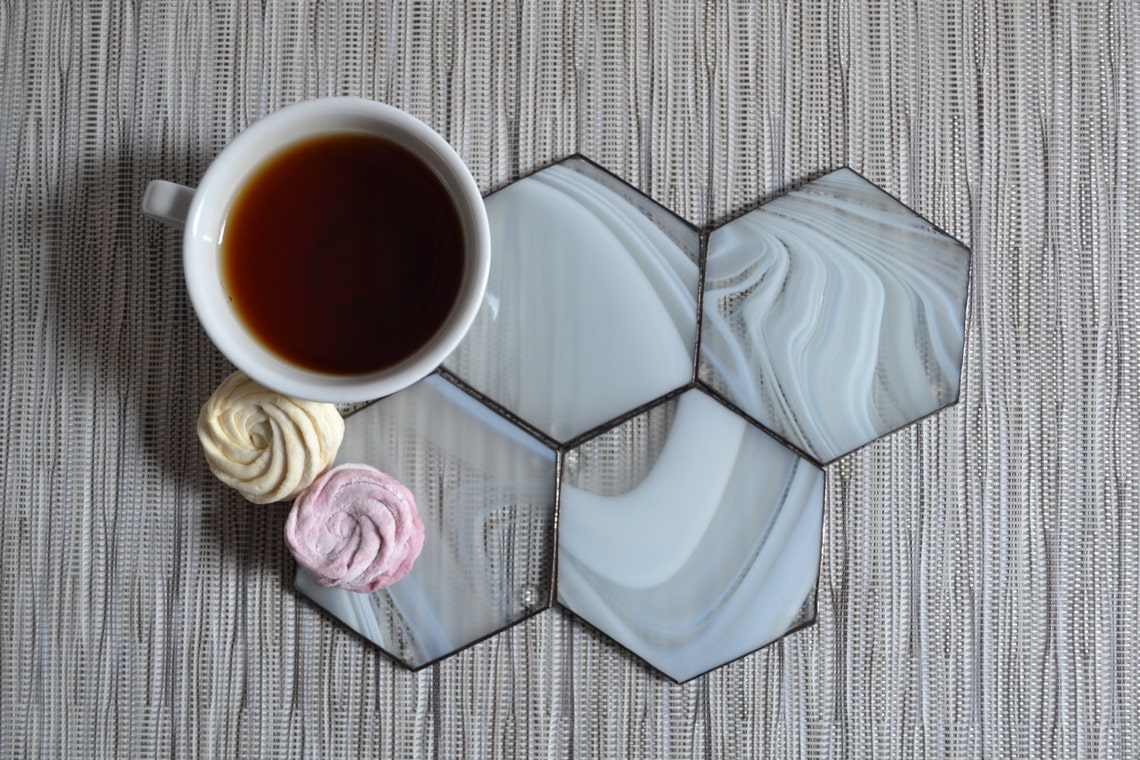 Hexagon Coasters Set of 4 Clear and White Modern Coasters Etsy