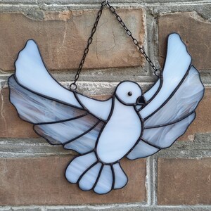 White Dove Stained Glass Suncatcher Window Hanging or Wall Decor. Peace Bird Sun Catcher. Unique Housewarming or New Home Gift