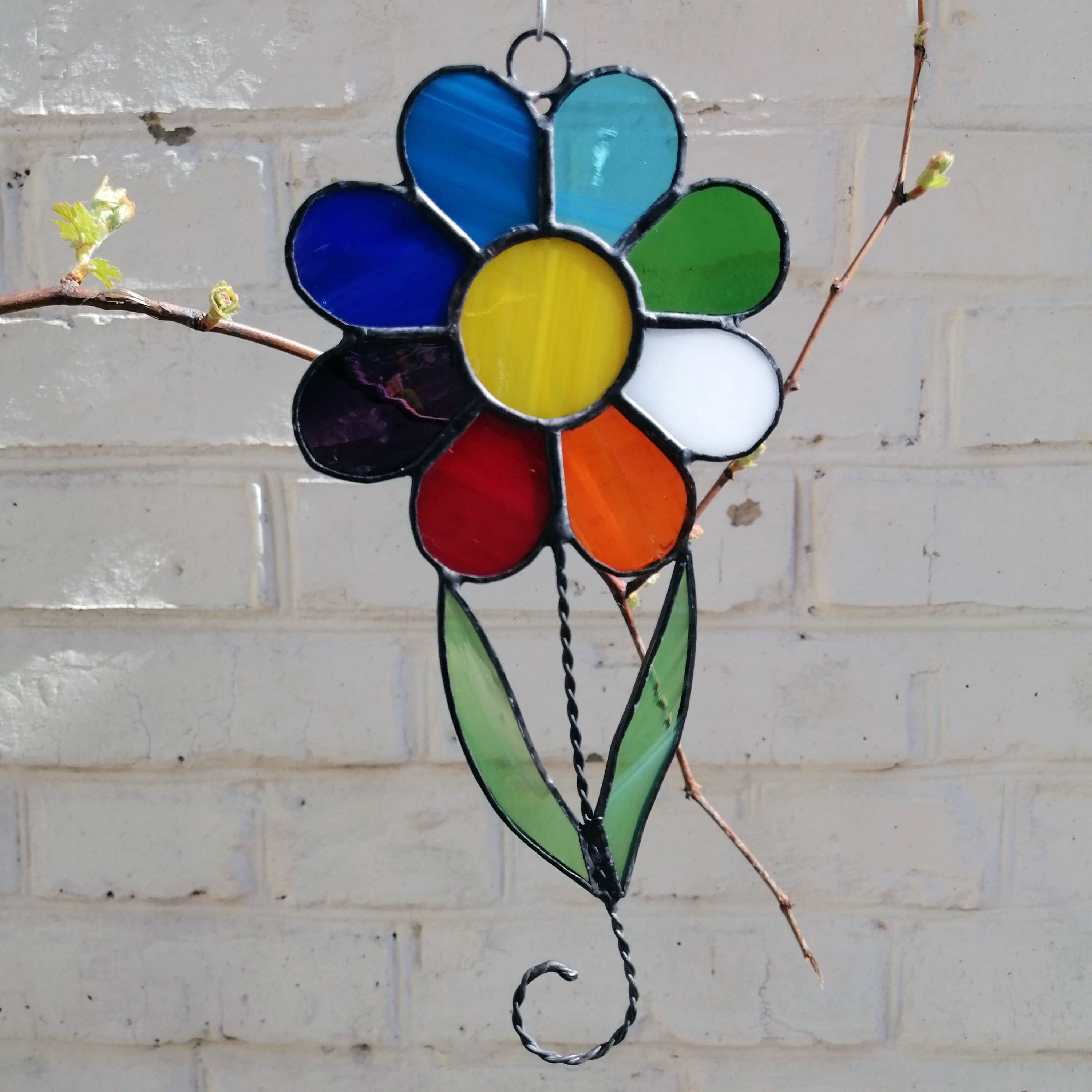 Rainbow Daisy Flower Stained Glass Suncatcher Window Hanging or Wall Decor. Unique Boho Floral Ornament. Mother's Day Gift