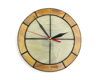 Modern Round Wall Clock 8.5 / 12 Inch Brown Ivory - Minimalist Stained Glass Decor for Home or Office