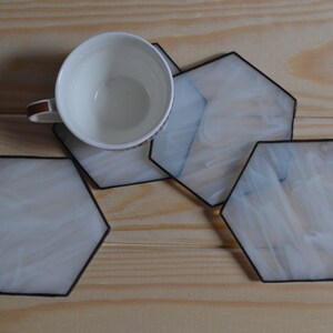 Modern White Hexagon Coasters for Drink Set of 4 Unique Stained Glass Decor for Kitchen or Dining Room image 4