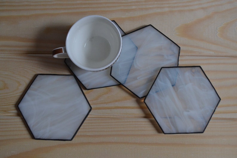 Modern White Hexagon Coasters for Drink Set of 4 Unique Stained Glass Decor for Kitchen or Dining Room image 4