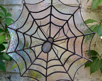 Spiderweb Stained Glass Panel Window Hanging & Wall Decor - Gothic Spider Web Suncatcher - Halloween Gift