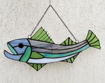 Large Striped Bass Stained Glass Fish Suncatcher