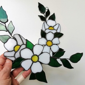 White Cherry Blossom Branch Stained Glass Suncatcher Set of 2 for Window Hanging or Wall Decor. Sakura Twigs Sun Catcher. Mom Birthday Gift