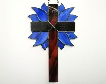 Decorative Cross with Cobalt Blue Leaves Stained Glass Suncatcher Window Hanging or Wall Decor