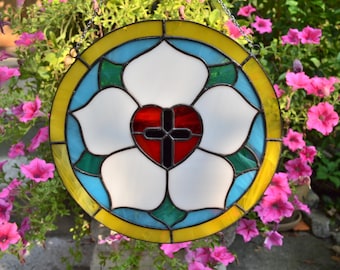 Luther Rose Round Stained Glass Panel 10 Inch for Home or Church