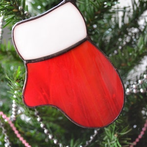 Stained Glass Christmas Ornaments Set of 3 Red White Stocking, Mitten, Star Suncatchers image 5