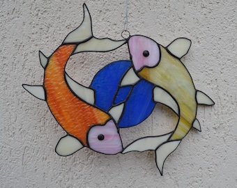 Yin Yang Koi Stained Glass Panel - Feng Shui Two Koi Suncatcher Window Hanging