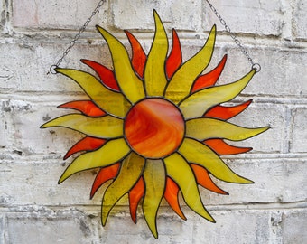 Stained Glass Sun Suncatcher Panel 12 Inch - Sunshine Sun Catcher - Large Sunburst Window Hanging or Wall Decor