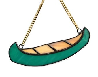 Stained Glass Canoe Suncatcher Window Hanging or Wall Decor - Teal Green Canoe Ornament