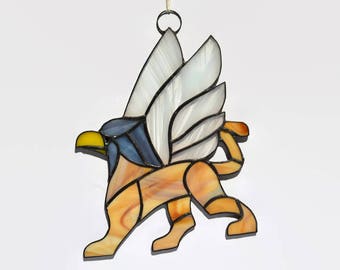 Gryphon Stained Glass Window Hanging for Home or Office. Griffin Suncatcher. Griffon Medieval Wall Decor for Living Room, Nursery, Bedroom