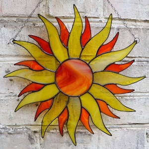 Stained Glass Sun Suncatcher Panel 12 Inch - Sunshine Sun Catcher - Large Sunburst Window Hanging or Wall Decor