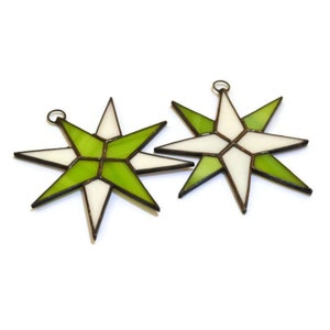 Green Stained Glass Star Ornaments Pair - Christmas Celestial Suncatcher Window Hanging, Tree & Wall Decor image 2
