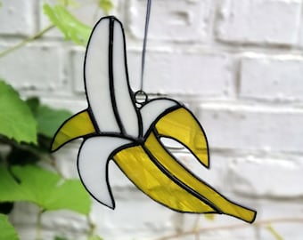 Stained Glass Banana Suncatcher Window or Wall Hanging. Cute Decorative Yellow Fruit Plantain Sun Catcher Kitchen Art Decor