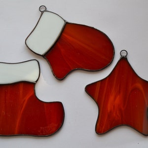 Stained Glass Christmas Ornaments Set of 3 Red White Stocking, Mitten, Star Suncatchers image 1