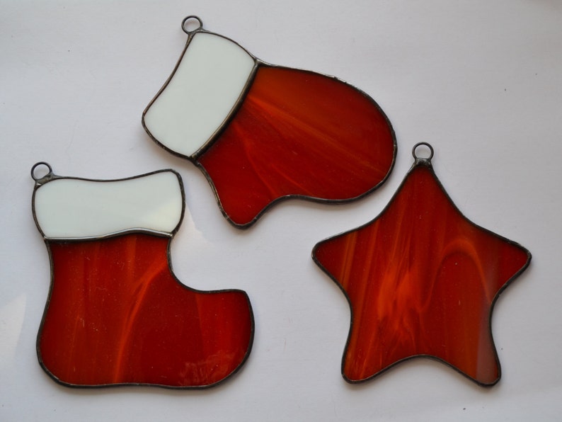 Stained Glass Christmas Ornaments Set of 3 Red White Stocking, Mitten, Star Suncatchers image 1