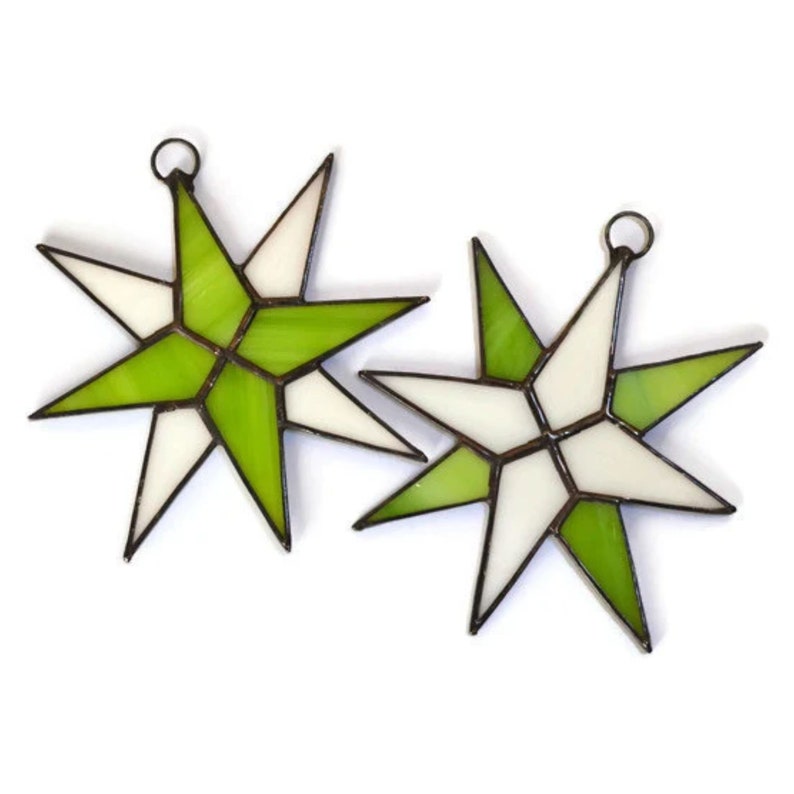 Green Stained Glass Star Ornaments Pair - Christmas Celestial Suncatcher Window Hanging, Tree & Wall Decor image 3