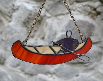 Man in Red Canoe Stained Glass Suncatcher - Boat Ornament Adventure Gift for Men