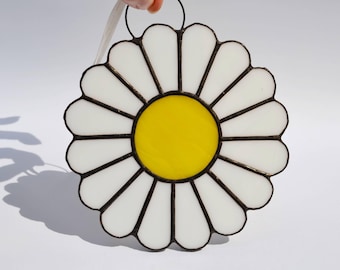 Stained Glass Daisy Suncatcher Window or Wall Hanging - White & Yellow Flower Home Art Decor