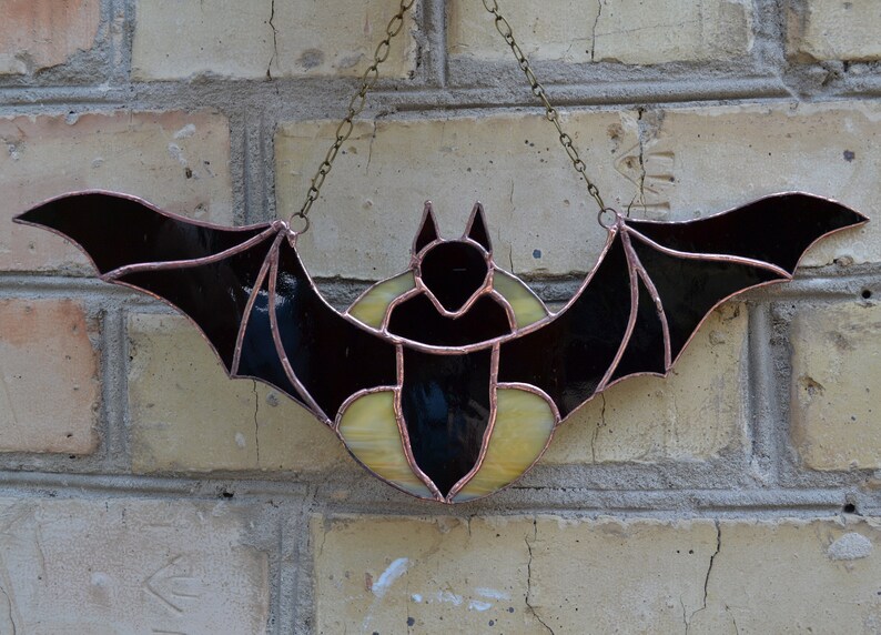 Flying Over Moon Bat Stained Glass Panel for Window Hanging. Goth Stained Glass Bat Suncatcher. Gothic Sun Catcher Bat image 5