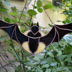 Flying Over Moon Bat Stained Glass Panel for Window Hanging. Goth Stained Glass Bat Suncatcher. Gothic Sun Catcher Bat image 4