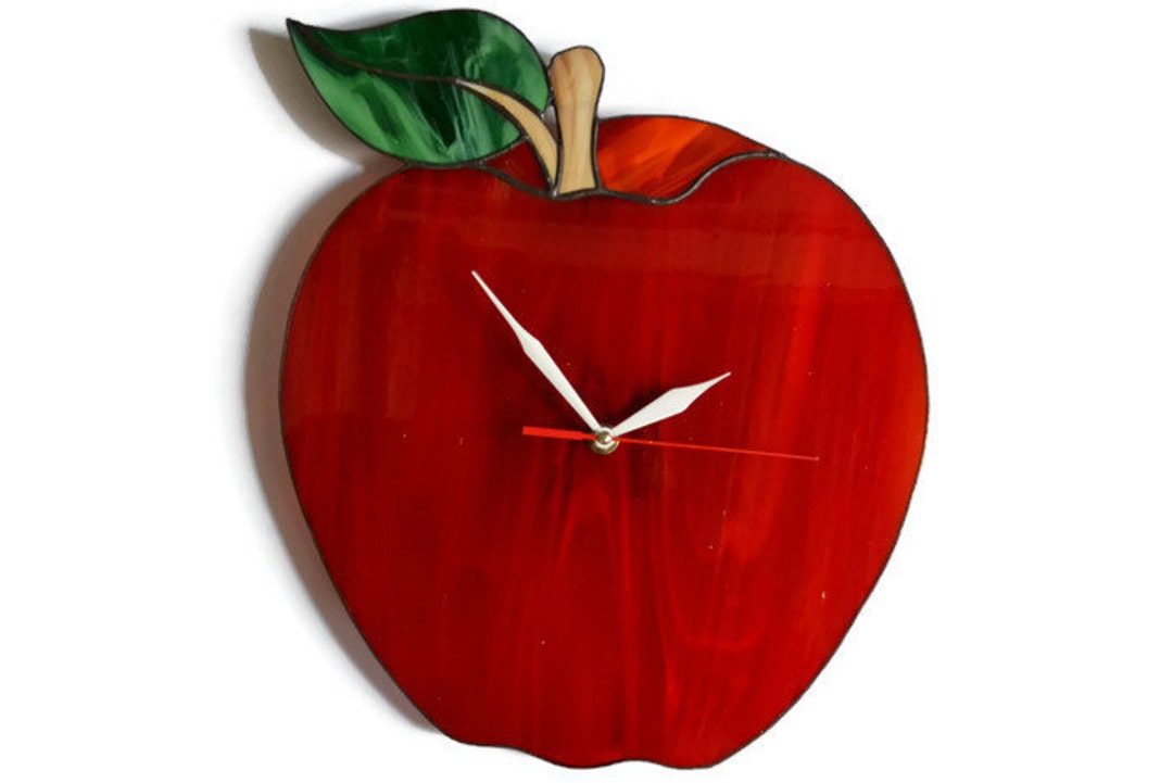 Red Apple Wall Clock Large Stained Glass Fruit Wall Clock Etsy