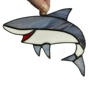 Stained Glass Shark Suncatcher for Window Hanging or Wall Decor. Unique Handmade Sea Creature Ornament. Shark Lover Gift