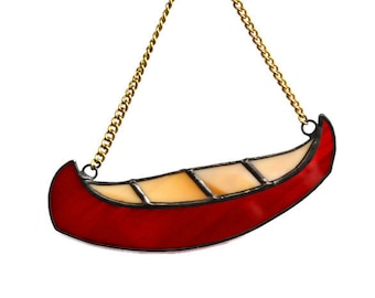 Stained Glass Canoe Suncatcher Window Hanging or Wall Decor - Red Boat Ornament for Lake House or River Cabin