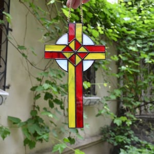 Stained Glass Cross Suncatcher: Red Yellow Geometric Window Hanging