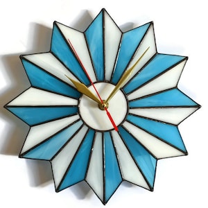 Mid Century Modern Starburst Wall Clock  10 / 14 Inch Turquoise Blue - Large Stained Glass Clock