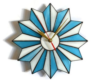 Mid Century Modern Starburst Wall Clock  10 / 14 Inch Turquoise Blue - Large Stained Glass Clock