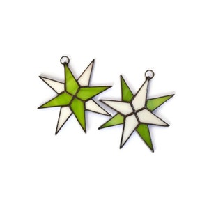 Green Stained Glass Star Ornaments Pair - Christmas Celestial Suncatcher Window Hanging, Tree & Wall Decor image 4