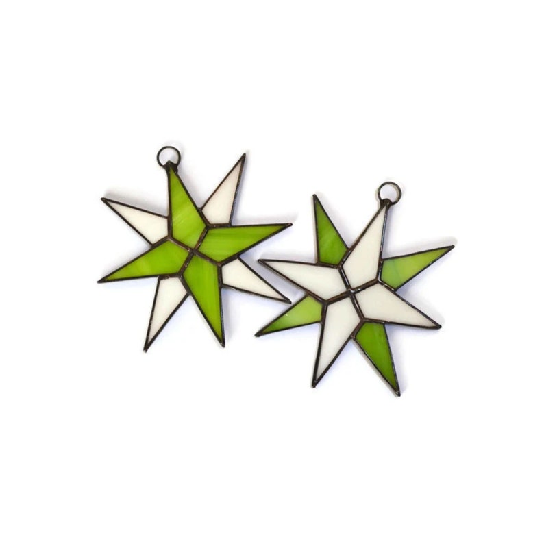 Green Stained Glass Star Ornaments Pair - Christmas Celestial Suncatcher Window Hanging, Tree & Wall Decor image 4
