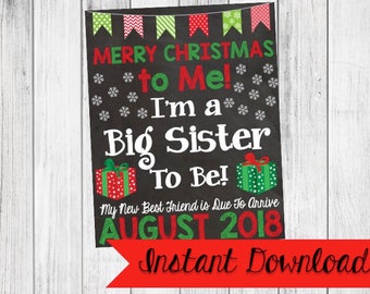 Christmas Pregnancy Announcement Sign, Big Sister, Chalkboard, Merry Christmas To Me {Digital Download}