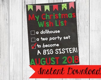 Christmas Pregnancy Announcement Sign Christmas Wishlist Big Brother Sister{Digital Download}