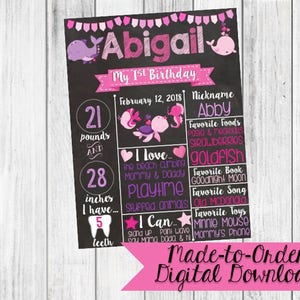 Nautical Whales Birthday Chalkboard - Milestone Board - Photo Prop - Sea Theme - Pink & Purple Sea Animals - 1st, 2nd, 3rd Birthday Board