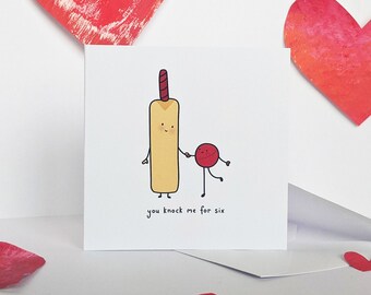 You knock me for six - illustrated cricket-themed card with bat and ball