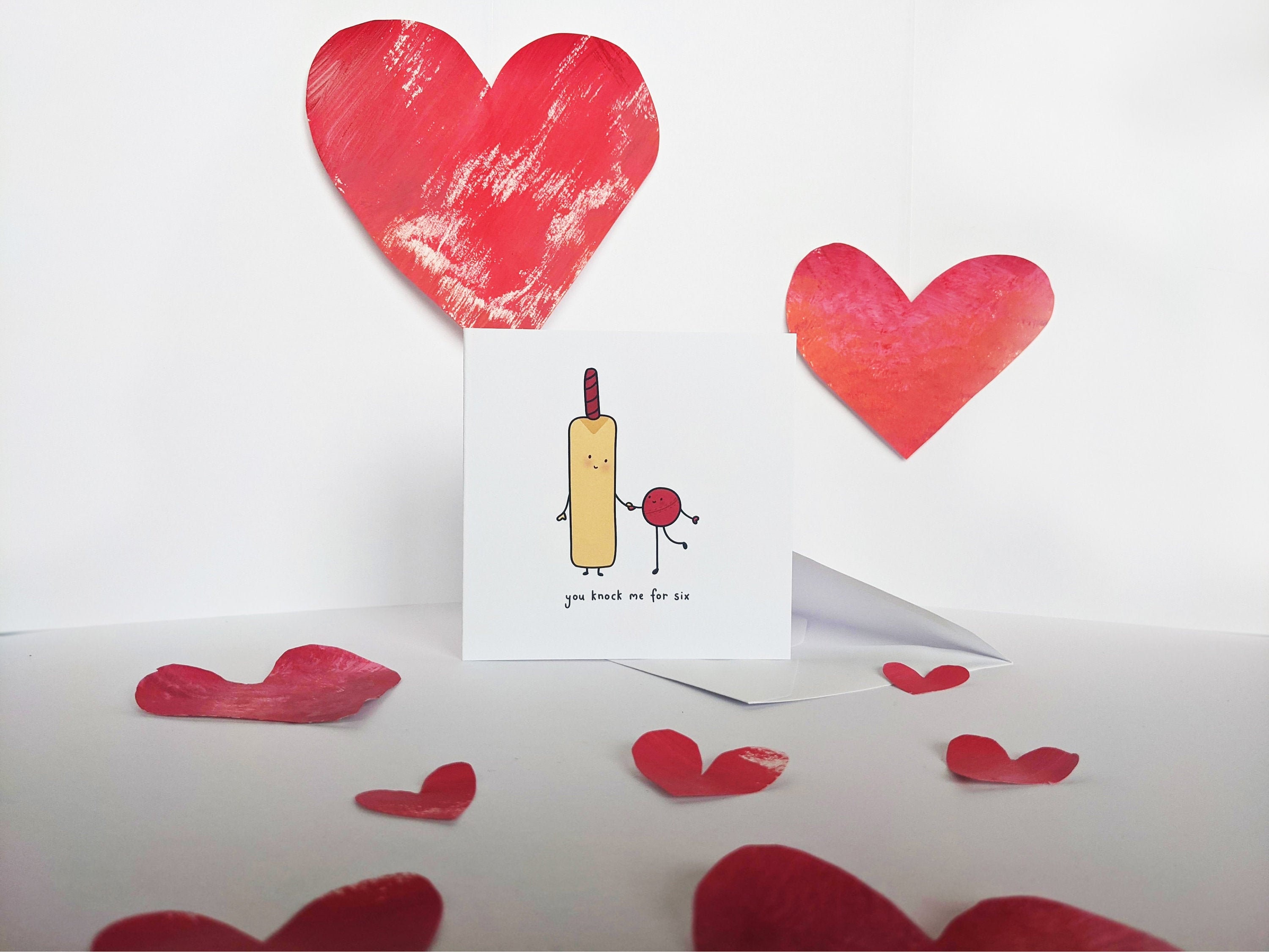 You knock me for six - illustrated cricket-themed card with bat and b…