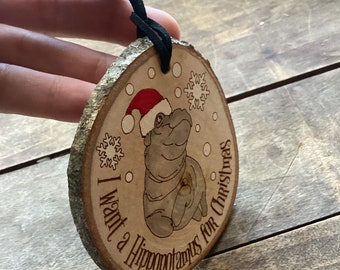 I want a hippopotamus for Christmas ornament wood slice hippo