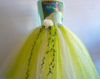 Tiana Princess inspired Christmas Costume /Dress/Gown, FREE Hand-made Bag, Age 3 up to 12 years Made to Measure.