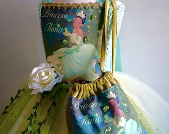 Tiana Princess inspired Christmas Costume /Dress/Gown, FREE Hand-made Bag, Age 3 up to 12 years Made to Measure.