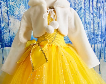 Princess Belle inspired Costume, Includes Faux Fur Bolero Style Jacket, Birthday, Christmas, made to measure