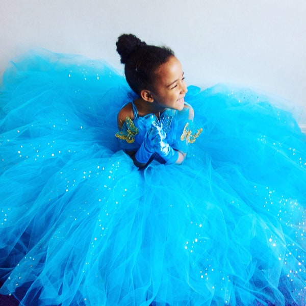 Cendrillon Inspiré Extra Sparkle Deluxe Robe en tulle pleine longueur, Diadème, GANTS GRATUITS !!! Différentes tailles de 3 à 12 ans